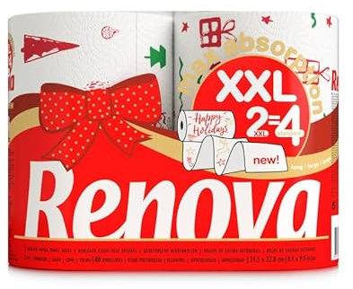 Küchenpapier 2-lagig - bedruckt - 2 Rollen - Küchenrolle - Papierrolle - Allzwecktücher - Renova Max Absorption XXL - entspricht 4 Standardrollen (Weihnachten)