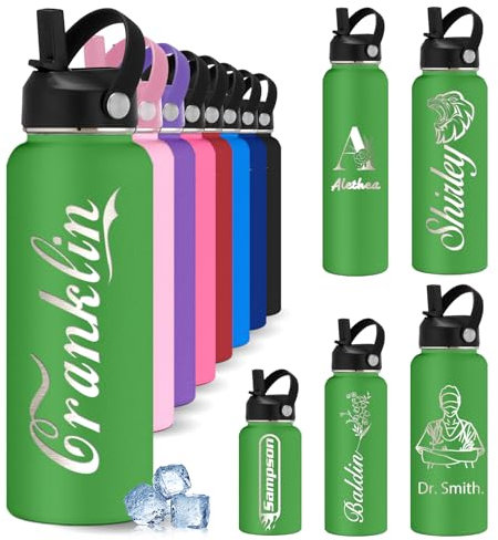 YoLLiEE Personalisierte Wasserflaschen für Kinder mit Strohhalm 354 bis 1150 ml Individuell Gravierte Isolierte Wasserflaschen mit Namen