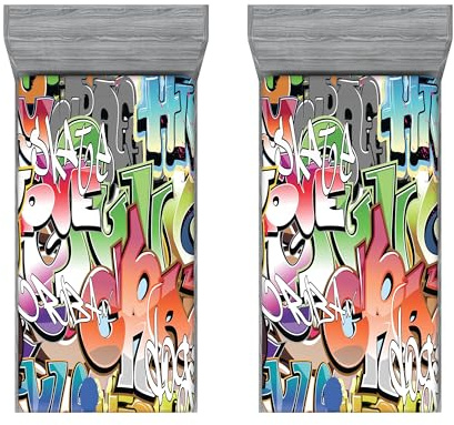 ABAKUHAUS urban Graffiti Spannbettlaken-Set, Blockbuster Schlagwörter, Bettbezug mit Rundum-Gummizug tiefer Einschub 2 Stück, 90cm x 200cm,Grün Orange