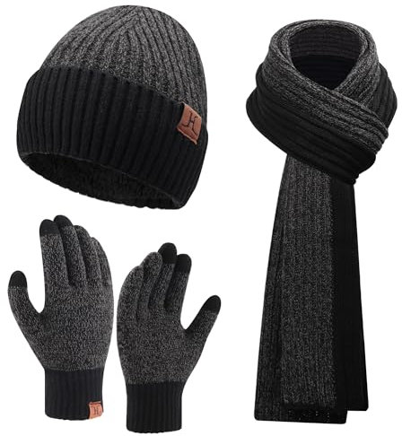 Herren Winter Warm Beanie Mütze Lange Schal und Touchscreen Handschuhe Set mit Fleece Gefüttert Wintermütze Strickmütze rutschfeste Winterhandschuhe Schals Geschenk für Männer, Schwarz Grau