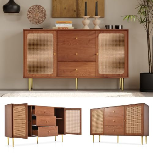 AUJDKDH Schubladenkommode Kommode mit 6 Schubladen, Rattan Sideboard Highboard für Schlafzimmer & alle Wohnräume, Nussbaum -H90/B120/T40 cm (Walnut-2)