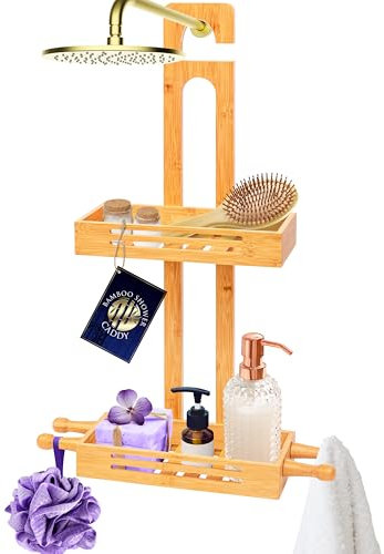 SereneLife Duschablage zum Hängen, Shampoo Halterung für Dusche aus Bambus, Duschkorb zum Hängen-2-stöckig, Duschregal ohne Boren, Hängeregal Bad mit 67.3cmH, Duschorganizer mit Lackierte Oberfläche