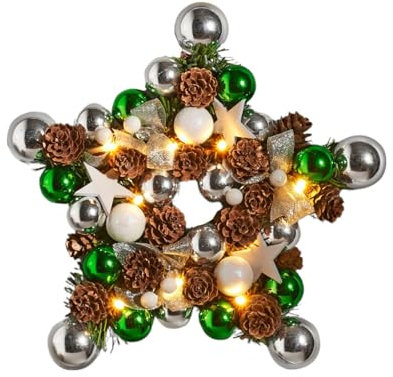 LED Stern Weihnachtskranz Ø28 cm Türkranz Weihnachten - Adventskranz Sternenform Dekokranz Tischkranz beleuchtet mit Sternen, Kugeln, Zapfen Weihnachtsdeko zum anhängen oder hinlegen