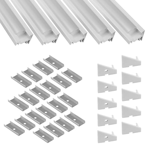 5x A20 LED Aluprofil Set weiß inkl. Abdeckung Halter Endkappen 2m opal | Komplettset für geschützte LED-Streifen mit Profil , Abdeckung opal, weiß, für LED-Streifen