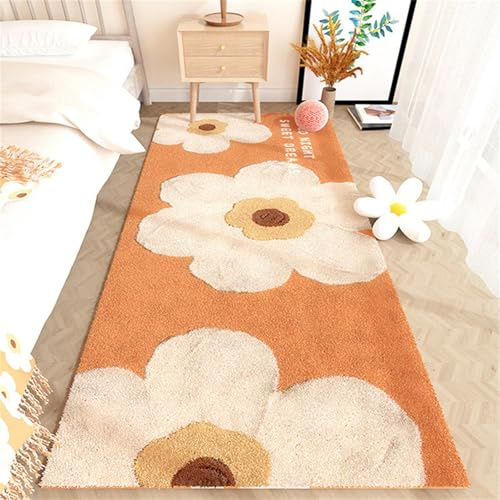 Highdi Langflor Weich Teppich Wohnzimmer, Sherpa Soft Shaggy Teppich, Mode Blumen Flauschiger Teppich, Waschbarer Teppich Schlafzimmer, Kunstfell Fell Imitat Teppich Kinderzimmer (80x200cm,Orange)
