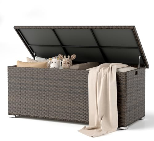 Amopatio Gartenbox Auflagenbox wasserdicht 650 Liter, Kissenbox outdoor aus Polyrattan, Aufbewahrungsbox Metall mit Gasdruckfedern, Gartenkiste wetterfest für Garten, Balkon, Braun