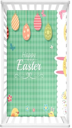Hiseng Spannbettlaken Bettlaken für Runde & Eckige Matratzen, 3D Ostern Spannbettlaken Kinderwagen Unisex Matratzenschoner für Beistellbett & Kinderwagen (Grün Kariert,55x90cm)
