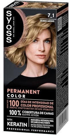 SYOSS Permanent Color 7-1 Rubio Medio, tinte de pelo y mascarilla intensiva con keratina, para una cobertura profesional de canas, color duradero y cuidado intensivo