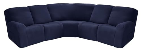 Stretch-Couchbezug-Set für L-förmiges 5-Sitzer-Ecksofa mit 4 Liegen, marineblauer Schonbezug für Eckcouch