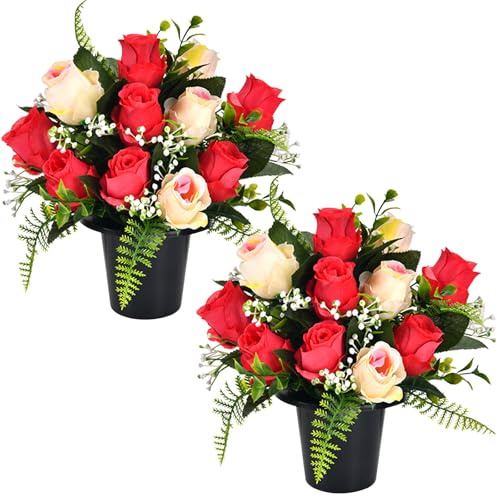2 Set Artificial Flowers for Graves in Pot with 12-Head Red & Gold Roses Flake Plastics Silk Funeral Memorial Cemetery Artificial Grave Flowers Outdoor Graveside Ornaments for Granddad Mum Dad Friend