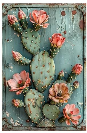 Vintage-Blechschild – Kaktus und Blumen mit 3D-Effekt – Retro-Blechschild für Pflanzenliebhaber – Wandkunst für Zuhause/Büro/Garten/Hinterhof – Geschenk für Naturliebhaber 20,3 x 30,5 cm