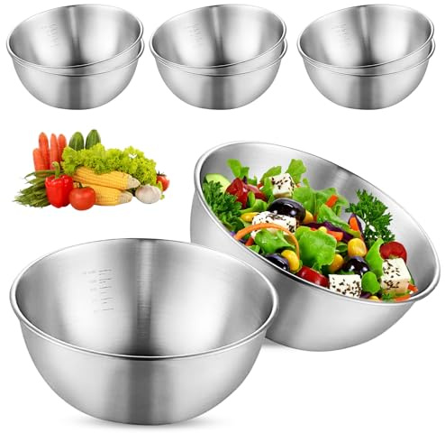 PRITOK Juego de cuencos de acero inoxidable: 8 unidades, apilables, de metal, diámetro de 19 cm, ensaladera de alta calidad con marcas de medición, ensaladera para ensalada, aperitivos, salsas
