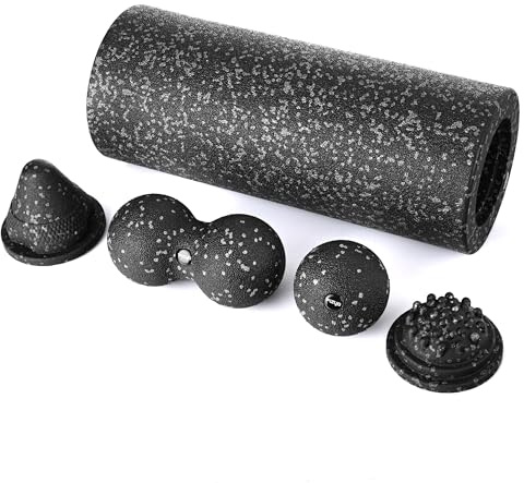 FIZYO Set Fascia Roller 5en1 – Rouleau de Massage, Balle, Duoball, Cône & Outil Plat – Fascia Training, Points Trigger, Dos, Jambes, Muscles, Yoga, Pilates, Fitness, Noir et Gris
