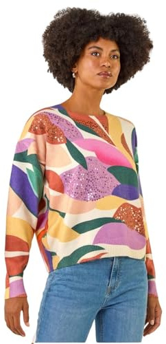 Roman Originals Sequin Leaf Knit Jumper for Women UK - Ladies Everyday Autumn Winter Crew Neckline Comfy Soft Evening Vacation Work Party Night Out