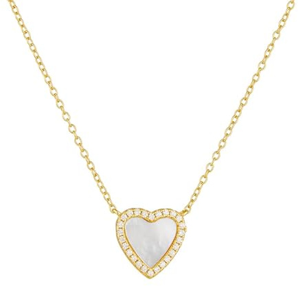 Halskette 14K Gold, Kette Damen Herz Weiß Hülse Anhänger Kette Echtschmuck 585 Gelbgold mit Moissanit 38+5cm Lang