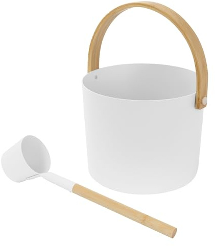 LuxeBath Saunazubehör-Set aus Aluminium & Bambus, Weiß, 2-TLG Sauna Set, Aufgusskübel mit klappbarem Griff & Schöpfkelle, Metall Saunaeimer 6L mit Schöpflöffel, Langlebiges Sauna Wassereimer Zubehör