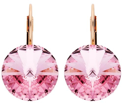 LÖB 750 Roségold vergoldet Ohrringe Hängend Kristall Stein Rund Rosa Damen Ohrhänger Creolen Brisur Rivoli Anhänger Tropfen Tropfenform Pink