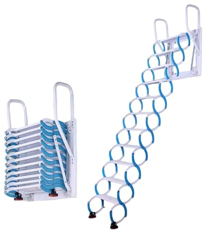 Scala pieghevole a parete, scala retrattile per soppalco, scala retrattile in acciaio per soffitta/cantina/tetto, capacità 300 kg/660 libbre, blu(14 steps 355CM/140IN)