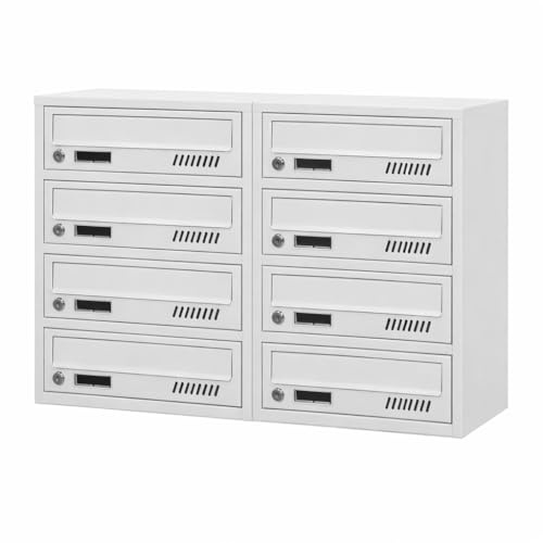 8 Cassette postali condominiali GLM 8 posti RAL 7035 grigio 2 chiavi | acciaio zincato, uso interno, due chiavi, 25 cm profondità, RAL 7035, formato A4, montaggio a parete