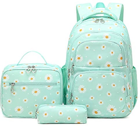 Schulrucksack Mädchen Teenager Vintage Rucksack Set Für Mädchen Floral Schulranzen Laptop Schultaschen Für Damen Schule Reise Mit Lunchpaket Tasche Und Mäppchen,Einheitsgröße, Grün