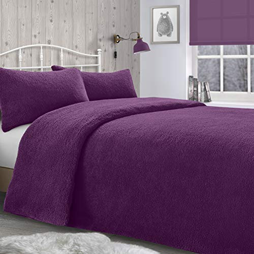 IHIdirect Teddy Bear Fleece Sherpa Cosy Winter Warm Duvet Cover & Pillowcase Bedding Set Purple (Double Bed)