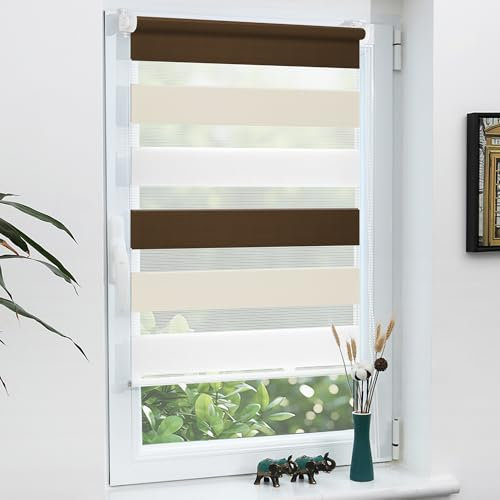 Grandekor Doppelrollo Klemmfix ohne Bohren Weiß-Beige-Braun 95x130cm(Stoffbreite 91cm) Fenster Rollos für innen Klemmrollos Duo Rollos für Fenster ohne Bohren mit Bohren Privatschutz Zebrarollo