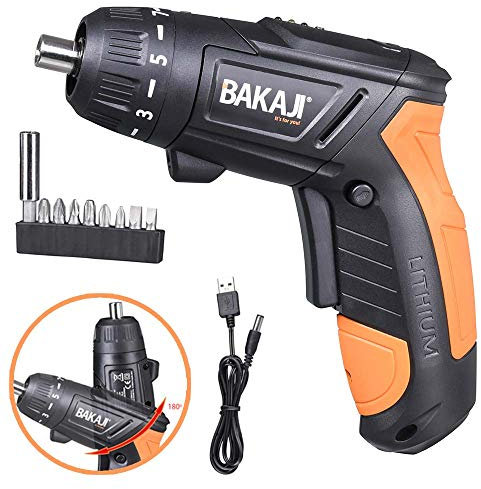 Bakaji Avvitatore Cacciavite Elettrico 3.6V 1.500mAh Batteria Ricarica USB 3Nm 200rpm con Mandrino Magnetico Testa Girevole a 90° Luce a Led Trapano Manico Ergonomico 10 Punte Compatto e Leggero