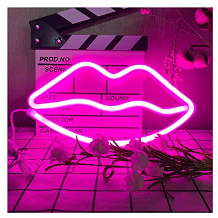 ENUOLI Pink Lip Neon Lights LED Lips Light Neon Signs Battery/USB Operated Signs Wall Lamps Light up Your Bedroom Party Wedding Bar