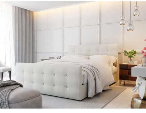 PM PAMIR-Möbel Designer Bett mit Bettkasten Cleo | Boxspringbett mit Bonell-Matratze, 2 Bettkästen mit dekorativen Knöpfen im Kopfteil | Gesteppte Kopfstütze | 140x200cm | Cremefarben