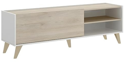 DEKIT GRUPO RIMOBEL Ness Módulo TV bajo, Tableros de partículas, Blanco/Natural, Natural/B.Brillo