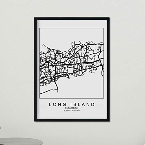 Nacnic Plakat mit Karte von Long Island. US-Film mit Bildern von Karten und Straßen von großen US-Städten. A3