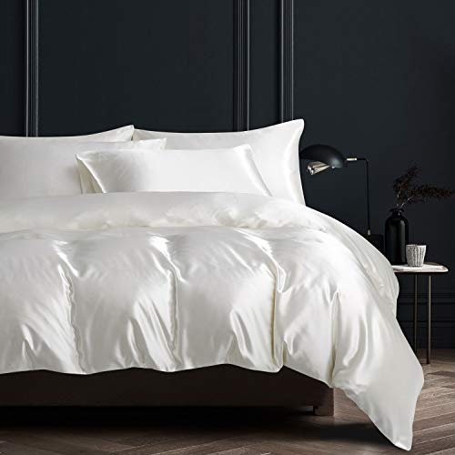 Boqingzhu Bettwäsche Satin 155x220cm Weiß Glanzsatin Seide Luxus Bettwäsche Set Bettbezug und Kissenbezug 80x80cm mit Reißverschluss