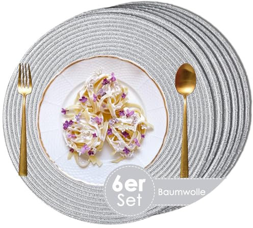 wiipara Runde Tischsets Platzsets Abwaschbar 6er Set, Geflochten Baumwolle Platzdeckchen 38cm, Tischset Rund Boho Platzteller Hitzebeständig für Esszimmer, Küche, Hochzeit, Weihnachten - Silber