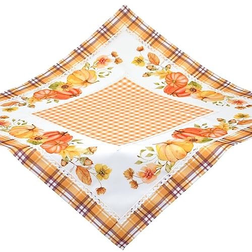 Bellanda Tischdecke Halloween Mitteldecke Herbst Kürbis Blätter Sonnenblume Spitze Pflegeleicht Tischdeko Eckig 100% Polyester (85 x 85 cm), Weiß, Gelb, Orange, Grün, Bunt
