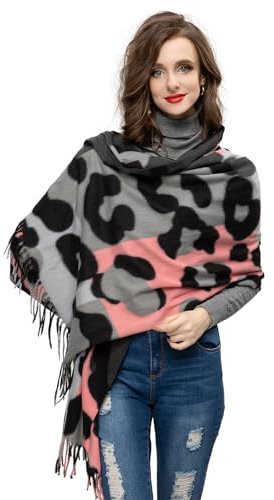 Glamexx24 Damen XXL Schal Kuscheliger warmer Leoparden Muster 3 farbiger Fransen Poncho Schal Oversized Deckenschal
