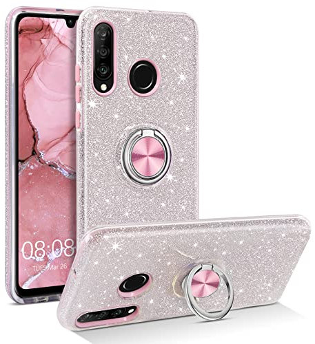 YINLAI Coque de protection pour Huawei P30 Lite, à paillettes, avec anneau de support à 360°, support magnétique pour voiture, anti-chocs, argent rose