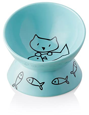 Sweejar Home Raised Cat Bowl for Dry Wet Food, Ceramic Elevated Pet Dish, Protect Spine, Stress Free, Slanted Design for Easy Eating, 295 ml, Dishwasher Safe (Turquoise)