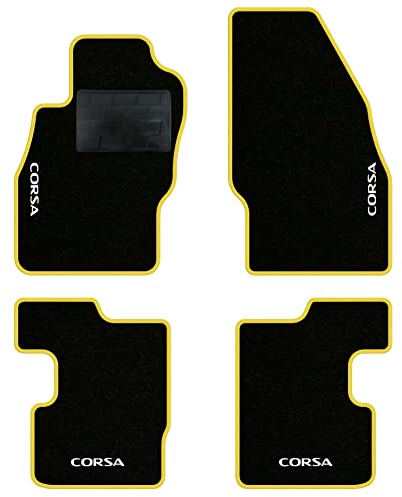 QUEMAR Auto-Fußmatten kompatibel mit Opel Corsa D - E 2006-2019 / Set Fußmatten aus Teppich und Gummi nach Maß (Set 2 vorne + 2 hinten) / Stickerei und personalisierte Farben (4 Stickereien, gelber