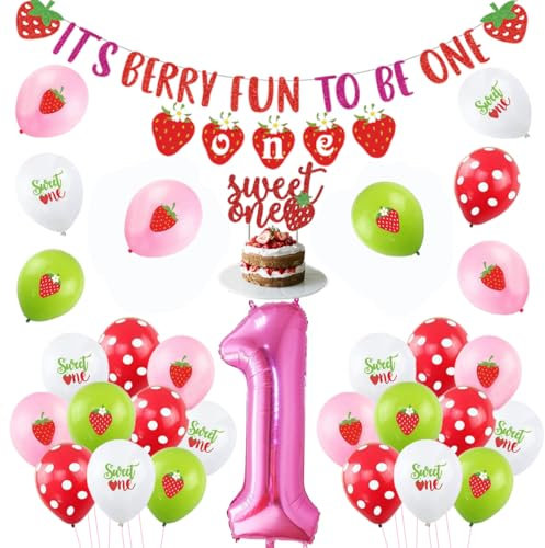 Erdbeerthema 1. Geburtstag Dekorationen Mädchen Strawberry Sweet One Folienballons Tortenaufsatz Hochstuhl Banner sein Berry Fun to be One Banner für Berry Sweet First Birthday Party