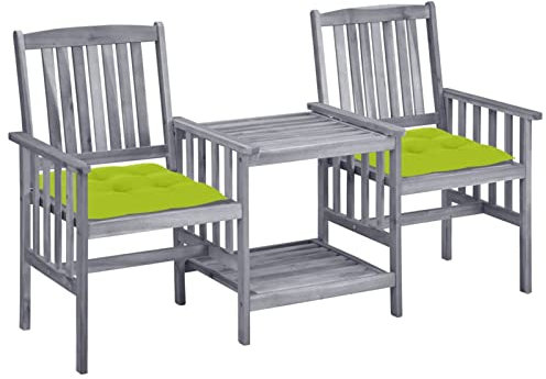 Gecheer Gartenstühle mit Teetisch & Kissen, Sitzbank mit Tisch, Gartenbank 2-Sitzer Balkonset Gartenmöbel Bank Massivholz Akazie