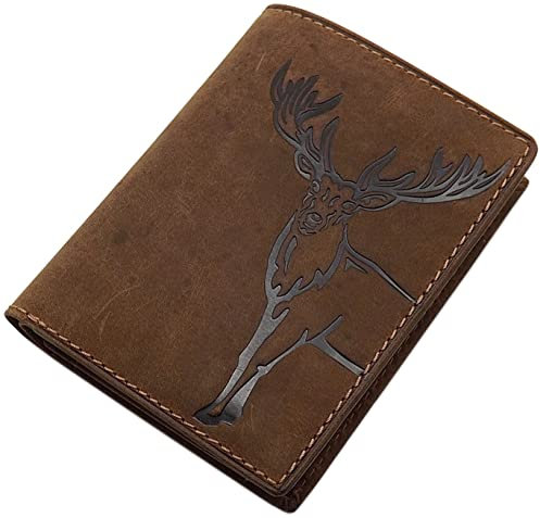 myledershop Echt Büffel-Vollleder Geldbörse/Geldbeutel/Portemonnaie/Geldtasche in Hoch- oder Querformat mit Hirsch-Motiv mit RFID & NFC Schutz (Modell 1 / Hochformat/Braun)