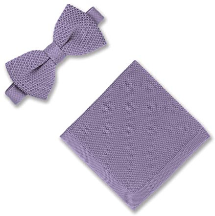 Broni&Bo Set da uomo con papillon lavorato a maglia e fazzoletto da taschino in tinta unita in tinta unita per ogni occasione, Blu Lilla, Taglia unica