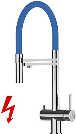 Niederdruck 3 Wege Wasserhahn Edelstahl MASSIV Küchenarmatur Spültischmischer Reinstarmatur VZFX, Edelstahl Hochglanz, mit 360° schwenkbarem Blau Auslauf, abnehmbare 2 strahl Handbrause