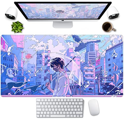 Anime Kawaii Desk Pad Cute Japanese Large Gaming Mouse Pad XXL Pastel Aesthetic Purple Blue Laptop Keyboard Mouse Pad Magic Fantasy City Girl Gamer