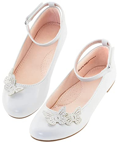 LseLom Girls Dress Shoes Butterfly Mary Janes for Girls Hook and Loop Party Wedding Flats Shoes White Big Kid 1
