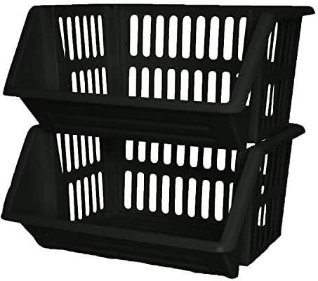 ZARVICZONIA Large Stacking Storage Baskets Veg Rack, Durable Plastic Stackers, Dimensions: 36 cm (L) x 30 cm (D) x 17.5 cm (H) (Black, Pack of 2)