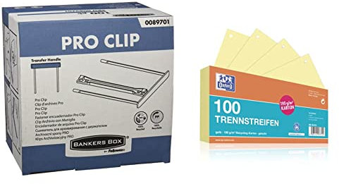 BANKERS BOX 0089701 Archivclip, ProClip, 100 mm, mit Bügel, 100% recycelt, 100 Stück, Weiß & Oxford Trennstreifen, aus Karton, gelocht, 190 g/m², gelb, 100 Stück