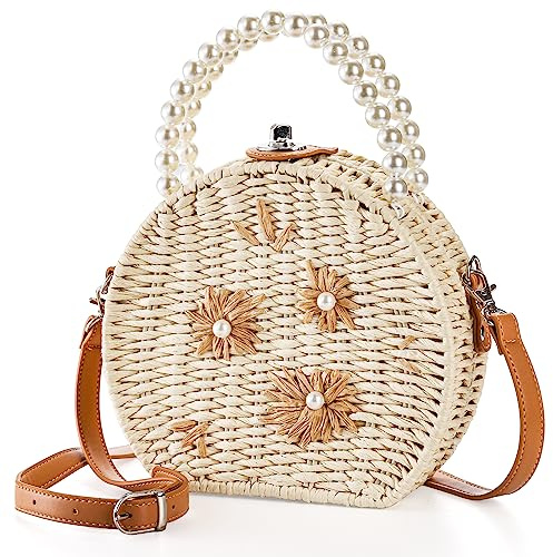 Noamus Handwoven Round Rattan Bag, 8 Straw Crossbody Bags with Adjustable Straps, Top Pearl Handle Wicker Tote Bag, Boho Summer Beach Basket Purse, Flower Woven Shoulder Bag for Women Lady
