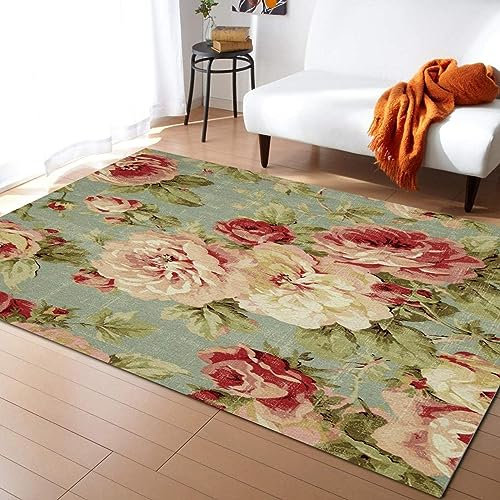 PAJEON Tapis de Décoration Vintage Printemps Rose Floral Rose Fleur Jardin, 140 x 200 cm Tapis Moquette de Chambre à Poils Ras, Paillasson Intérieur - pour Chambre à Coucher de Salon