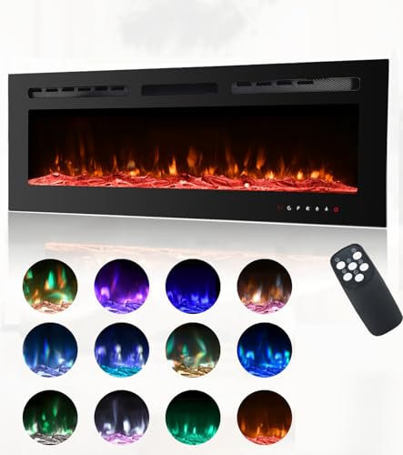 MachenFlame Slim Frame Electric Fireplace Wall Mounted Inset Heater with 12 LED Flame Colors, Remote Setting Unit,Low Noise,WIFI,127CM
